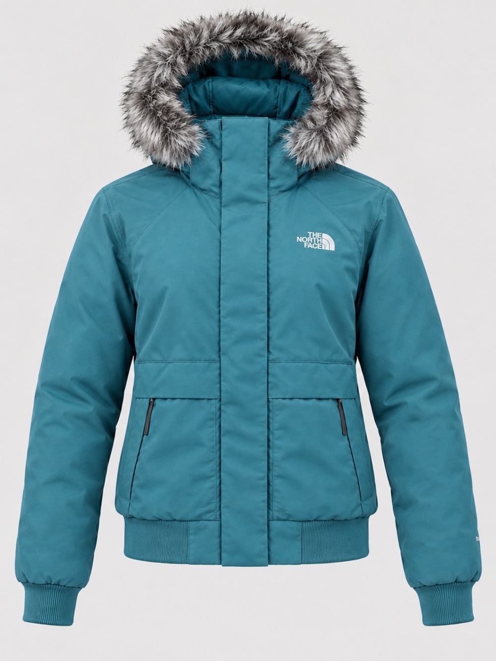 The North Face Teal Hooded Puffer Jacket with Faux Fur Trim